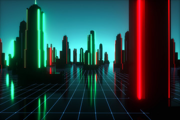 Wall Mural - a futuristic background with neon glowing cubes (3d rendering)