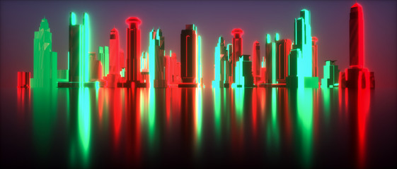 Wall Mural - a futuristic background with neon glowing cubes (3d rendering)