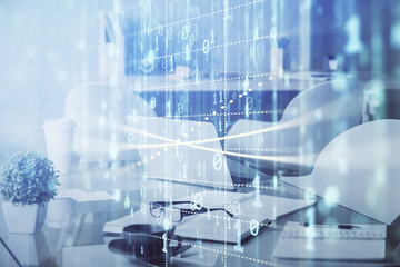 Fototapete - Double exposure of data theme drawing and office interior background. Concept of technology.