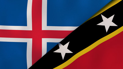 The flags of Iceland and Saint Kitts and Nevis. News, reportage, business background. 3d illustration