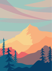 sunny landscape with mountains. warm illustration with hills, trees and clouds. Vector horizontal background