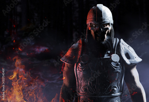 Fotografía 3d render of viking warrior standing in woods.