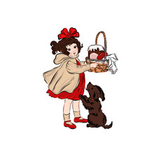 Vintage Girl Holds Basket With Easter Cake, Colored Eggs. Young Lady In A Red Dress, With Bow On Her Head And Dog. Puppy Plays With The Mistress. Resurrection Of Christ. Hand Drawn Retro Clip-art
