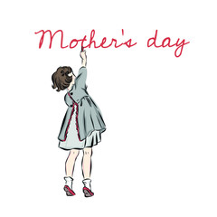 Girl writes on the wall a congratulation on mother's day. Hand drawn clip art vintage child. 