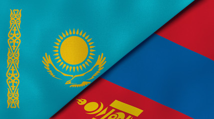 The flags of Kazakhstan and Mongolia. News, reportage, business background. 3d illustration