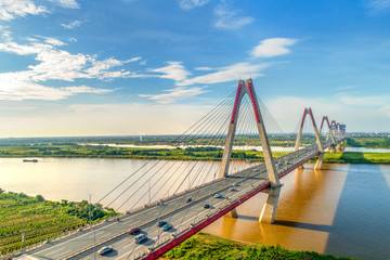 Wall Mural - Aerial view of Nhat Tan bridge in Ha Noi, Vietnam. Nhat Tan Bridge is a bridge crossing the Red River. Panorama