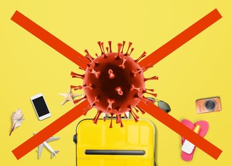 Wall Mural - Colored suitcase with traveler accessories on desk and cross sign with virus illustrations