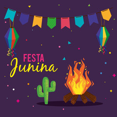 Sticker - festa junina poster with bonfire and icons traditional vector illustration design