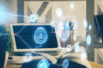 double exposure of desktop with personal computer on background and tech theme drawing. concept of d