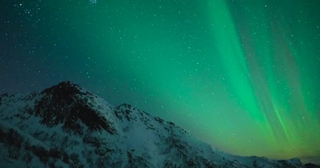 northern lights, polar light or aurora borealis in the night sky over the arctic landscape of the lo