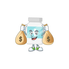 Sticker - Blissful rich supplement bottle cartoon character having money bags