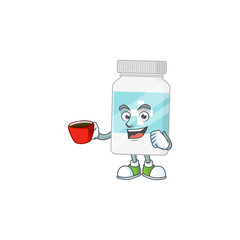 Canvas Print - An image cartoon character of supplement bottle with a cup of coffee