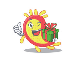 Sticker - Smiling azorhizobium caulinodans cartoon character having a green gift box