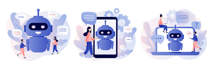 Chatbot concept. AI robot assistant, online customer support. Tiny people chatting with chatbot application. Modern flat cartoon style. Vector illustration on white background