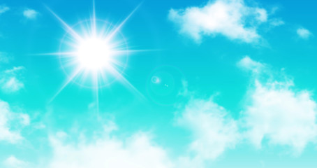 Wall Mural - sunny background, blue sky with white clouds and sun