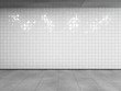 Abstract urban space, empty white tiled wall with concrete floor and ceiling. Side view with copy space to your advertision. Mock up. 3d render.