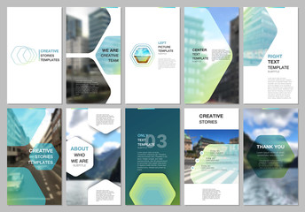 Creative social networks stories design, vertical banner or flyer templates with hexagonal design green color pattern background. Covers design templates for flyer, leaflet, brochure, presentation.