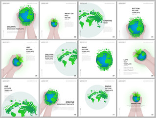 Brochure layout of square format covers design templates for square flyer leaflet, brochure design, report, magazine cover. Green world globe in the hands of man. Earth planet health care concept.
