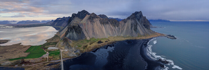 Wall Mural - Sand dunes on the Stokksnes on southeastern Icelandic coast with Vestrahorn (Batman Mountain). Iceland, Europe.