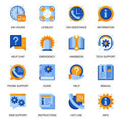 Leinwandbilder - Web support icons set in flat style. 24h assistance, help chat, handbook and information, guide and manual, emergency service signs. Hot line and technical support pictograms for UX UI design.