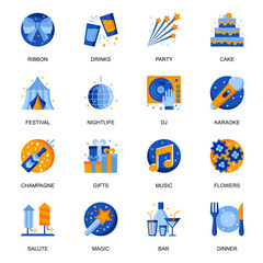 Poster - Party icons set in flat style. Cake and drinks, karaoke and music, festival salute and magic show, nightlife, birthday gifts and flowers signs. Holiday and entertainment pictograms for UX UI design.