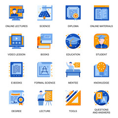 Education icons set in flat style. Formal science, online lectures and courses, question and answer, online materials and tools, video lesson signs. Distance education pictograms for UX UI design.