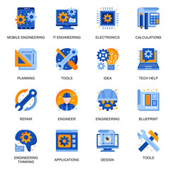 Leinwandbilder - Modern engineering icons set in flat style. Electronic solution, idea generation, design and development, business planning and calculation signs. Mobile and IT engineering pictograms for UX UI design