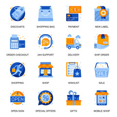 Poster - E-commerce icons set in flat style. Discount offer, shopping bag, order checkout and shipping, 24h customer support, sale and delivery signs. Online shopping platform pictograms for UX UI design.