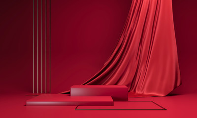 Cube podium on dark red background. Elegant silk fabric flow, falls to surface. 3d render illustration. Empty pedestal, stand for mockup products. Copy space on delicate red luxurious satin 
