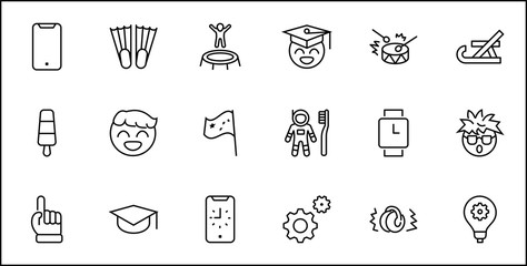 Wall Mural - International World Day of Children's Inventions Set Line Vector Icon. Contains such Icons as Toothbrush astronauts, Trampoline, Flippers, Frozen juice, earmuffs. Editable Stroke. 32x32 Pixels