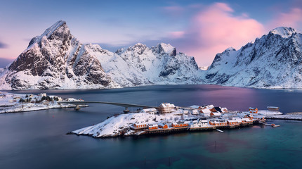 Wall Mural - sakrisøya island, mountain range and bridges at dawn. lofoten islands, norway. norwegian sea in wint