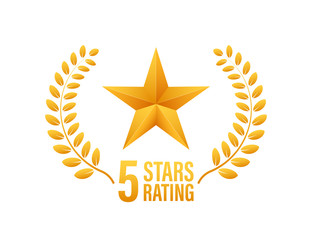 5 star rating. Badge with icons on white background. Vector illustration.