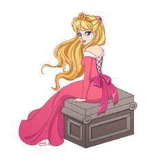 Wall Mural - Beautiful cartoon princess with blonde hair wearing pink ball dress sitting on stone bench. Hand drawn vector illustration isolated on white.