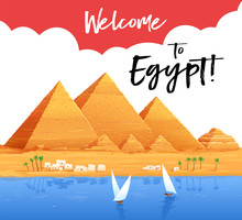 Welcome To Egypt. Flyer, Poster. Pyramids, Cairo. Advertising. Vector Illustration
