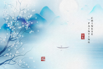 Wall Mural - Chinese ink painting art background elegant landscape view of tranquil lake mountain and flower tree. Chinese translation : Landscape and Blessing.