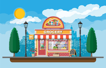 Wall Mural - Grocery store front with window and door. Wooden and brick facade. Glass showcase of boutique. Small european style shop exterior. Commercial, property, market or supermarket. Flat vector illustration