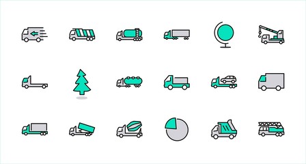 Wall Mural - Truck Set of Transport Vector Line Icons. Contains such Icons as Truck, Transportation, Tow Truck, Cranes, Mixer, Garbage Truck, Manipulators, Delivery service and more. Editable Stroke. 32x32 Pixel