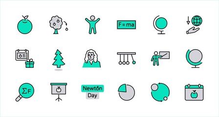 Wall Mural - Newton's Day Set Line Vector Icon. Contains such Icons as Newton, Laws of physics and gravity, Flying Apple, Calendar, Teacher, blackboard and projector Editable Stroke. 32x32 Pixel Perfect