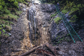 Sticker - Ladder on the so called Rainbow waterfall, part of Klastorska Roklina gorge trail in Slovak Paradise park, Slovakia