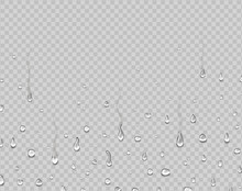 Realistic Water Droplets On Glass. Rain Drops Condensed On Window. Dew Falls, Steam Shower Background.