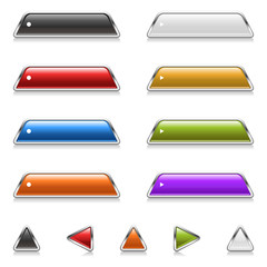 Vector set of website buttons with a chrome frame and a gloss effect. Includes black, white, red, yellow, blue, green, orange and purple buttons, and triangular buttons. Isolated on white and editable