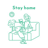 Fototapeta Psy - Stay home concept. Girl takes care for reading book, quarantine due to coronavirus. Illustration of home activities