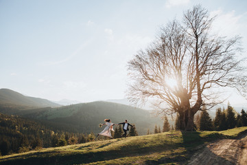 Wedding in the mountains. Young couple holding hands and running along a mountain road on the background of a large old tree