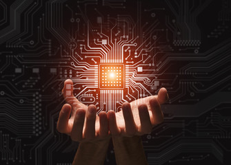 Aufkleber - High tech. Unrecognizable person holding glowing microchip over electric circuit background, collage