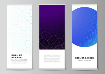 Wall Mural - Vector layout of roll up banner stands, vertical flyers, flags design business templates. Digital technology and big data concept with hexagons, connecting dots and lines, science medical background.
