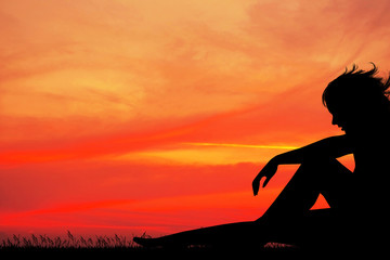 Wall Mural - illustration of woman thinking about sunset