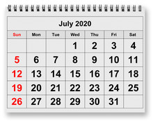 Page Of Monthly Calendar - July 2020