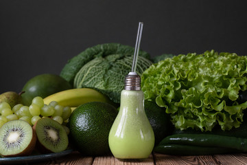 Wall Mural - Fruits and vegetables wooden table dark background .