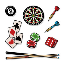 Vector Drawings Of Cute Leisure Game Elements. Includes An 8 Ball, A Dart Board, Playing Cards, Poker Chips, A Dice, Two Darts And Pool Cues. Isolated On White With A Black Outline.