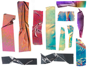 shiny crumpled stickers. cool set of metallic holographic sticky tape shapes isolated on white backg